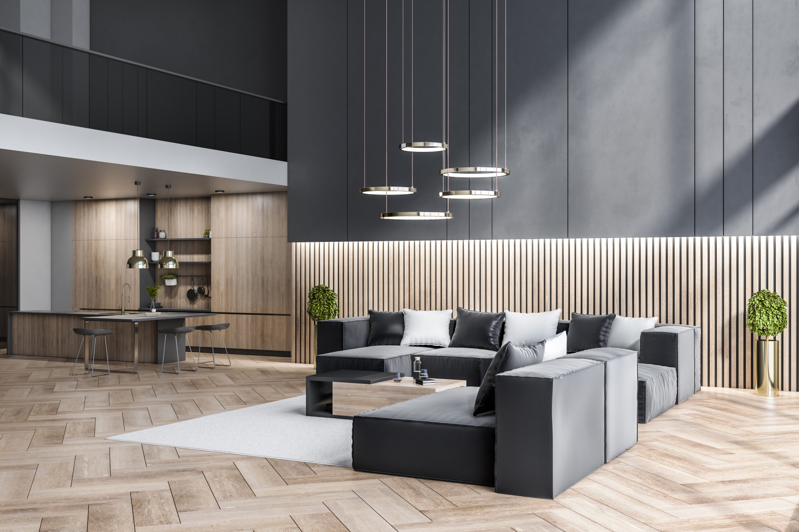 Modern kitchen and living room studio interior with wooden flooring. Design concept. 3D Rendering. Flooring