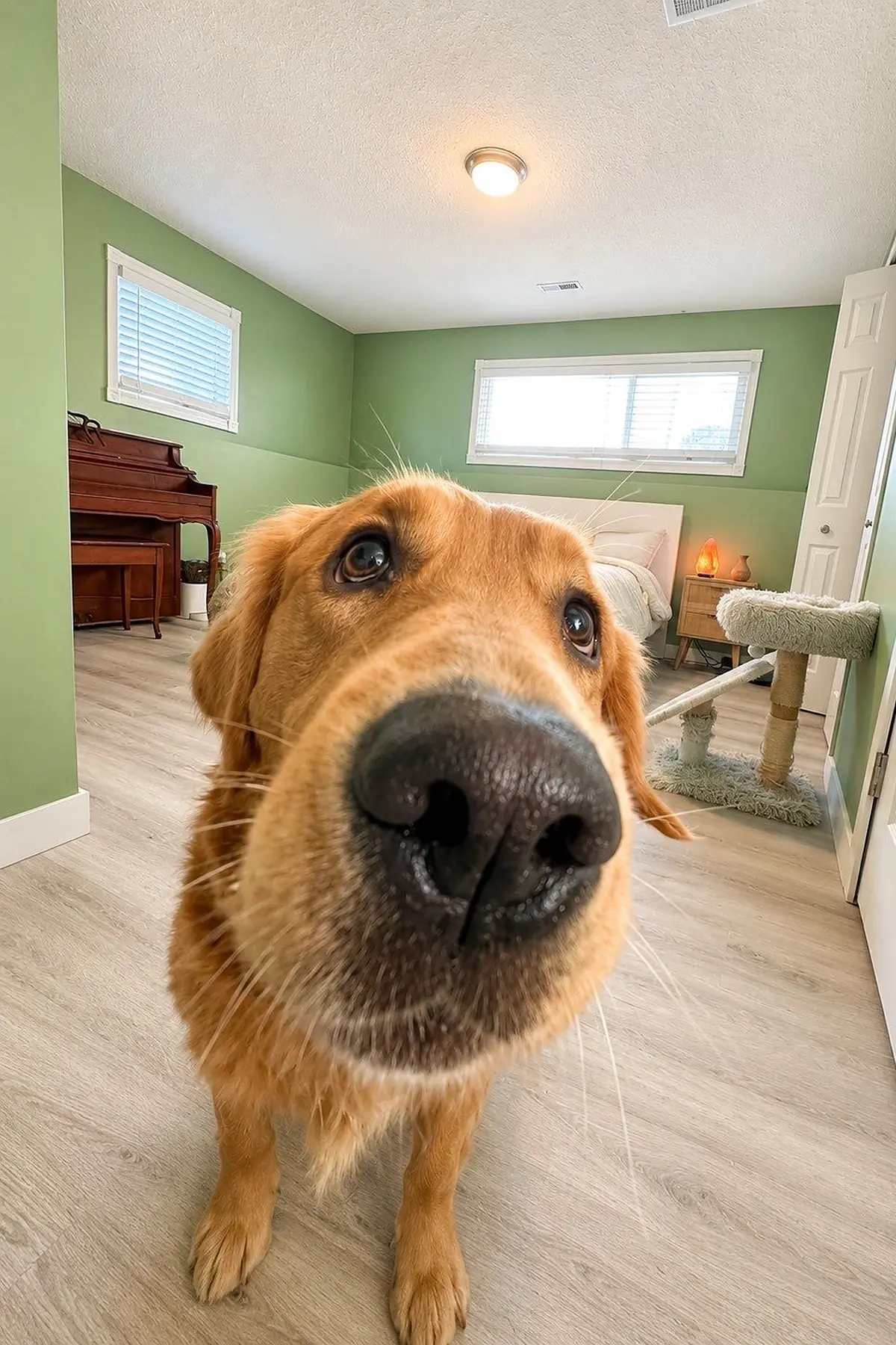 Golden retriever in a renovated basement bedroom with new vinyl plank flooring in Calgary by Upright Reno
