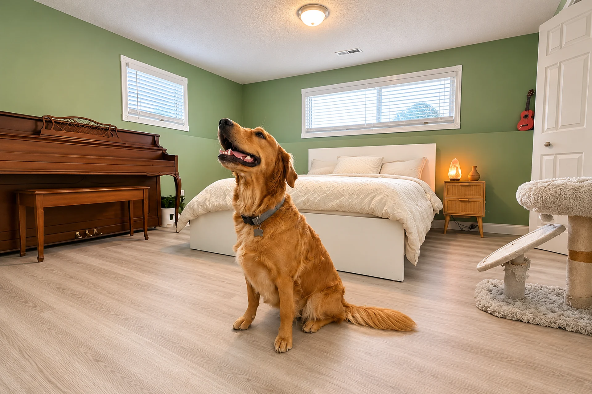 Modern bedroom renovation by UpRight Reno in Calgary, featuring sage green walls, light wood-look flooring, a white bed and a Golden Retriever.