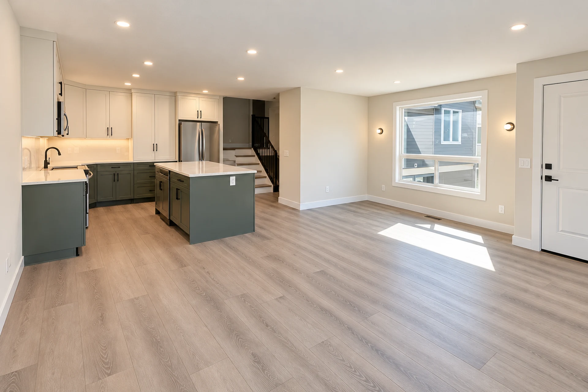 Vinyl plank flooring installation by UpRight Reno in a modern Calgary home with an open-concept living and kitchen area.