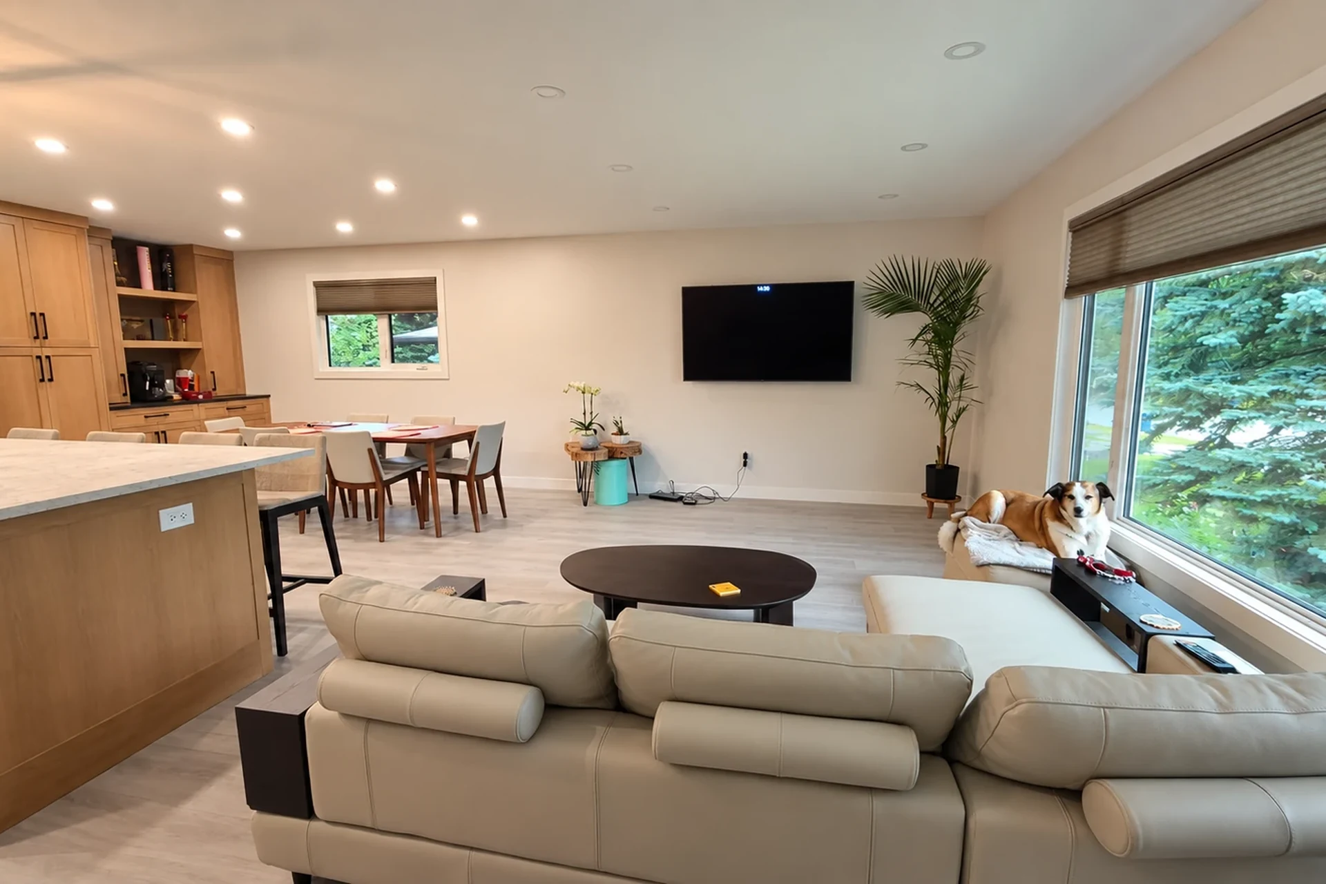 Open-concept interior design and space planning by UpRight Reno in Calgary, connecting the living room, dining area and kitchen.