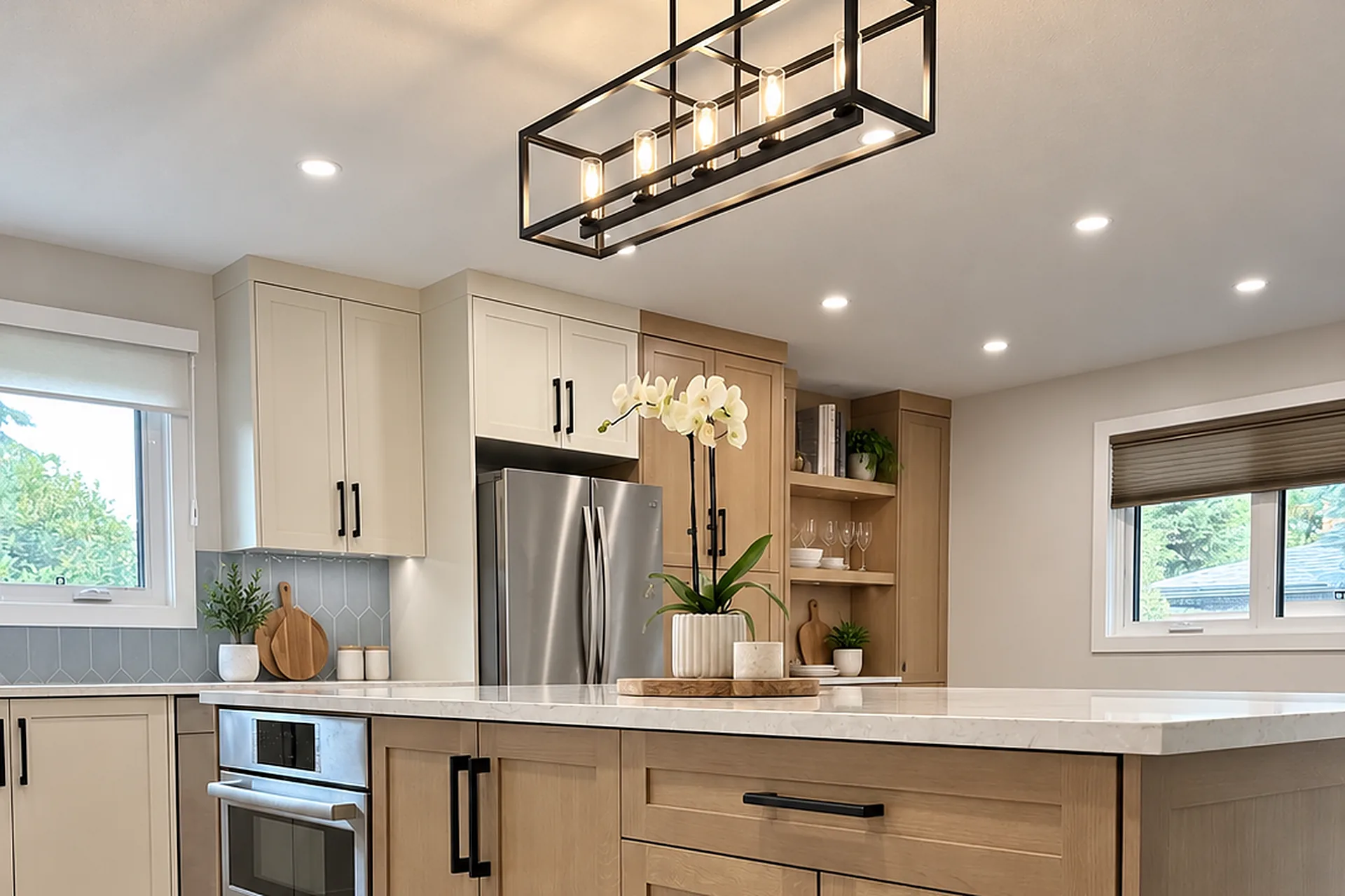 Modern kitchen renovation by UpRight Reno in Calgary with a large island, light wood cabinetry and quartz countertops.